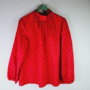 Vtg Lucky Me Loose Clergy Collar Neck Square Print Long Sleeve Silky Blouse, 38